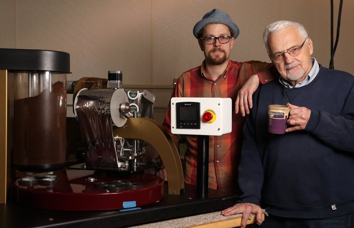 George Gorbatenko, right, creator of a machine for coffee houses to turn their beans into pods that can be used in Keurig coffeemakers and similar devices, pictured, and his business partner Peter Middlecamp, roastmaster at Black Sheep Coffee Cafe, stood for a portrait Thursday. ] ANTHONY SOUFFLE &#xef; anthony.souffle@startribune.com George Gorbatenko, creator of a machine for coffee houses to turn their beans into pods that can be used in Keurig coffeemakers and similar devices, and his busine