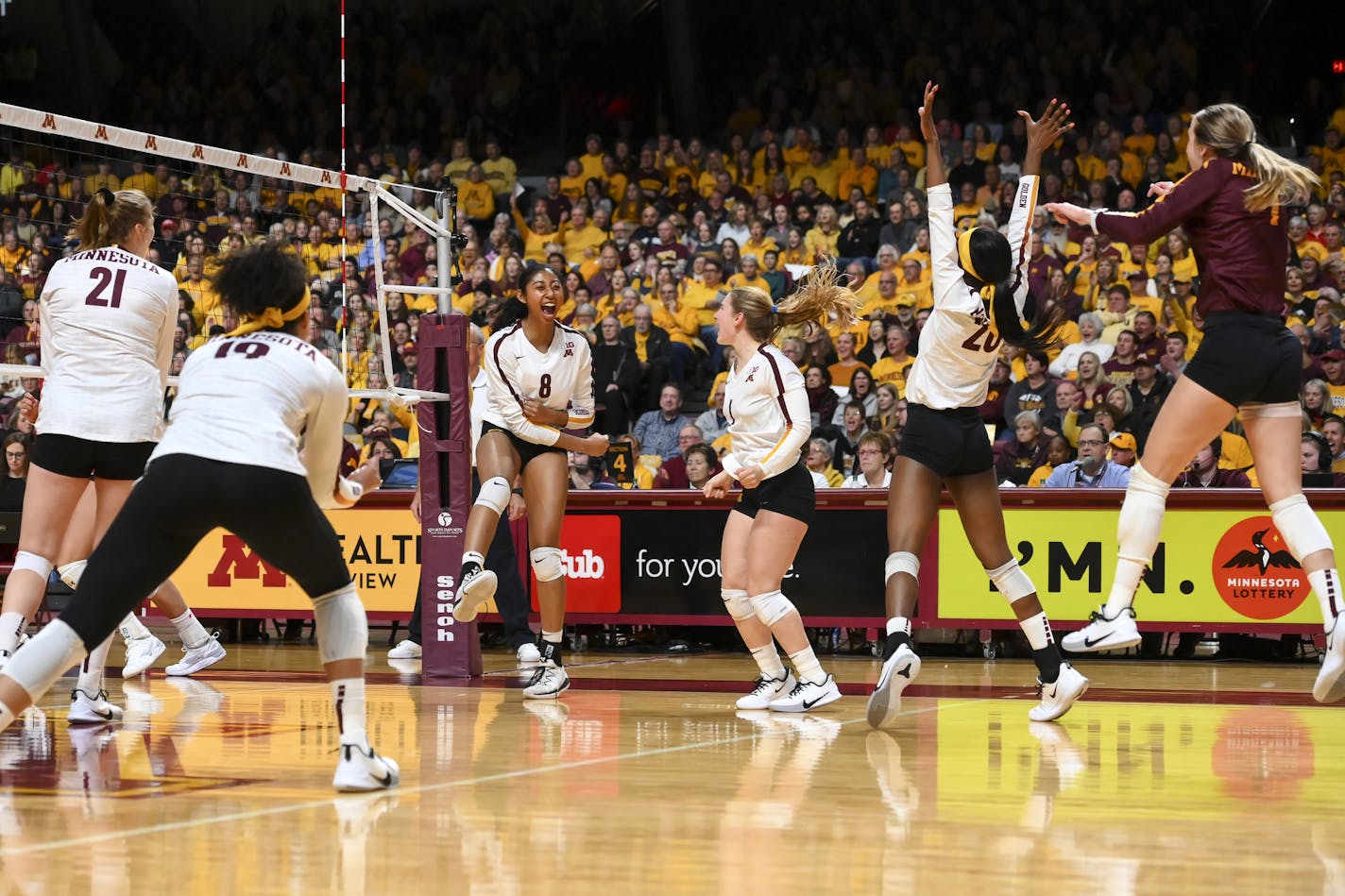 The Gophers celebrated a point scored by outside hitter Airi Miyabe (8) in the first set. ] Aaron Lavinsky &#x2022; aaron.lavinsky@startribune.com The Minnesota Gophers played the Wisconsin Badgers in a volleyball game on Thursday, Nov. 14, 2019 at the University of Minnesota&#x2019;s Maturi Pavilion in Minneapolis, Minn.