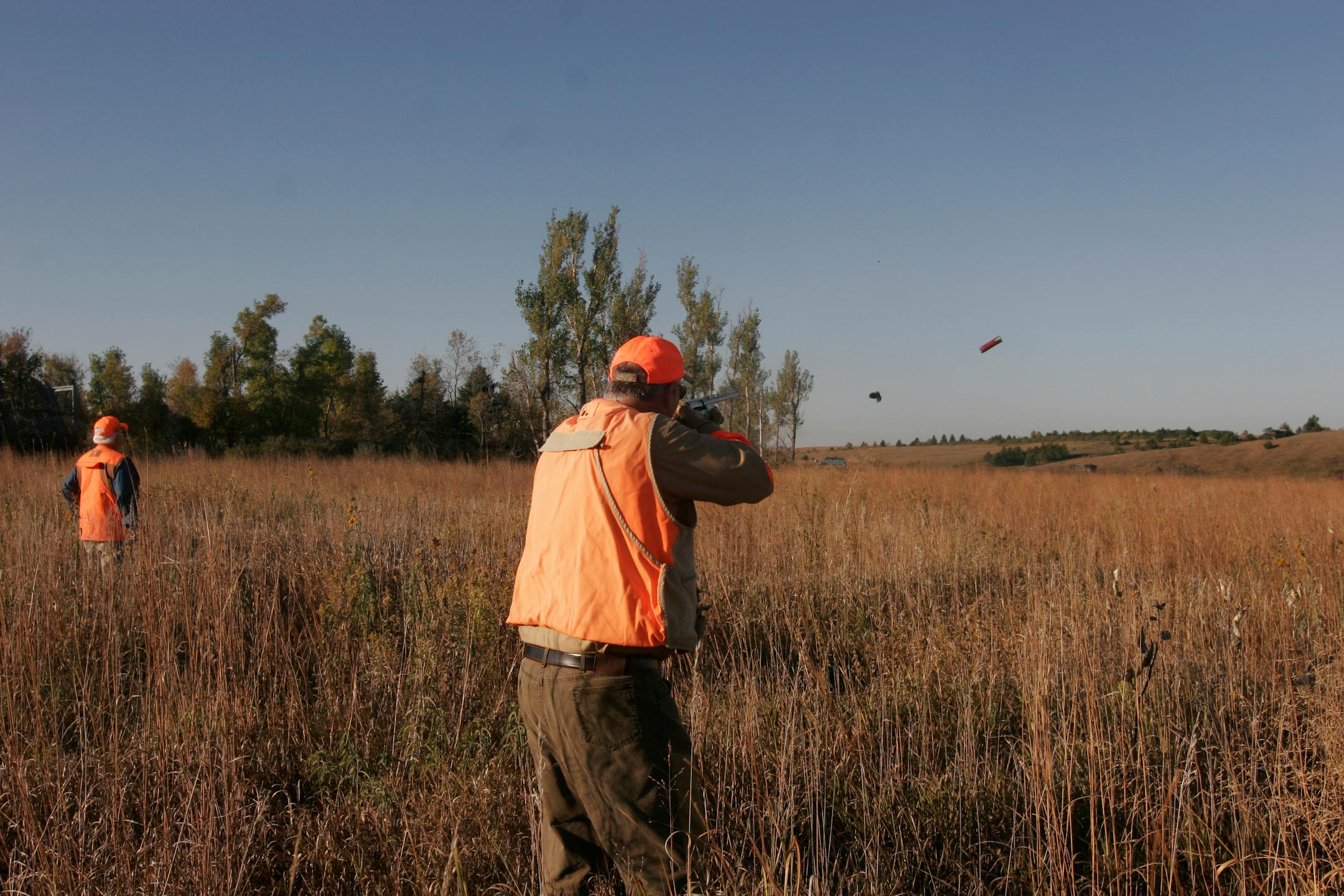 An empty shell flew from Cal Brink's shotgun as he shot a rooster pheasant at the Governor's Pheasant Opener near Worthington.