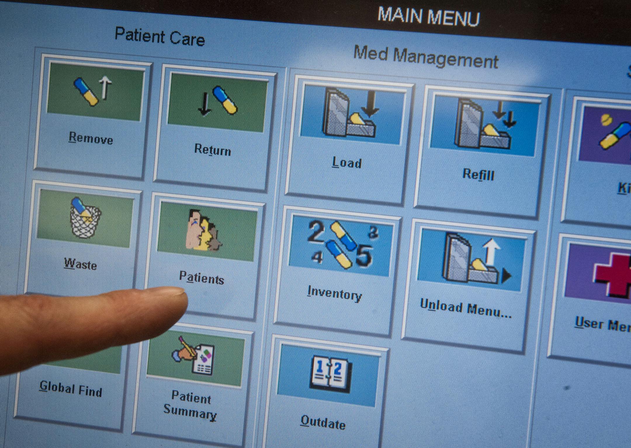 Bill Vanstralen, practical nursing instructor at Dakota County Technical College demonstrated the school's new Pyxis MedSatation 4000 medication dispensing station, in use in most healthcare facilities around the state. It is part of a program to get up to date technology for MnSCU training students. Friday, April 5, 2013 ] GLEN STUBBE * gstubbe@startribune.com