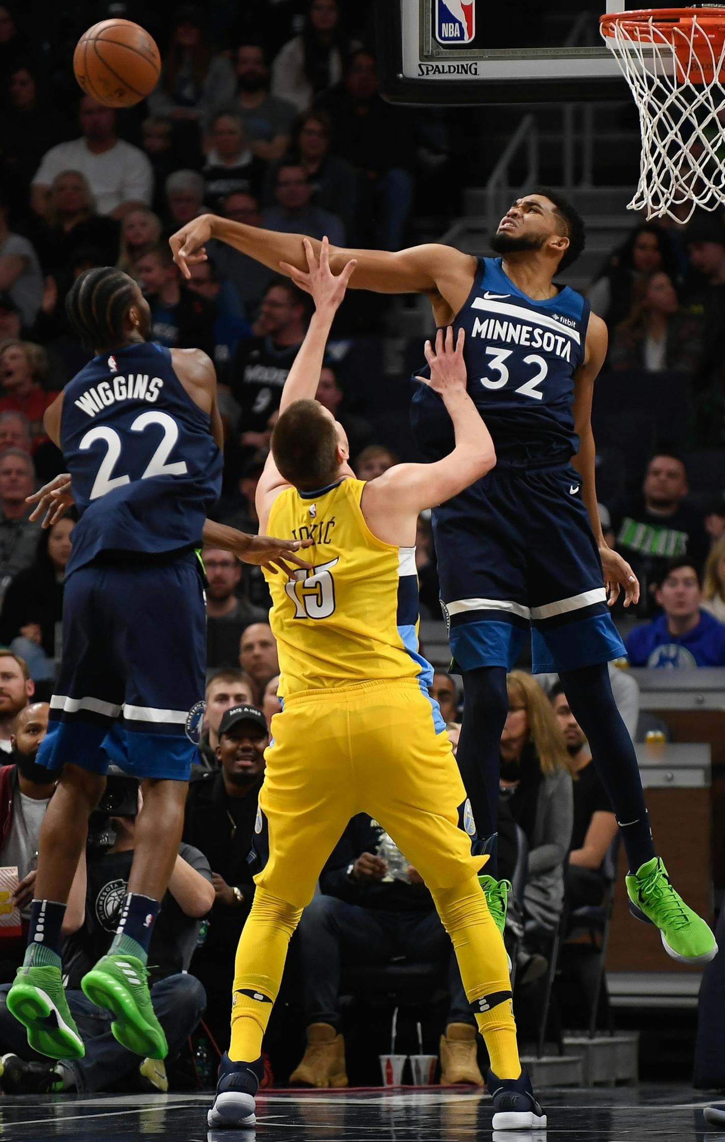 Minnesota Timberwolves center Karl-Anthony Towns (32) blocked a shot by Denver Nuggets center Nikola Jokic (15) in the first quarter Wednesday. ] AARON LAVINSKY &#xef; aaron.lavinsky@startribune.com The Minnesota Timberwolves played the Denver Nuggets on Wednesday, Dec. 27, 2017 at Target Center in Minneapolis, Minn.