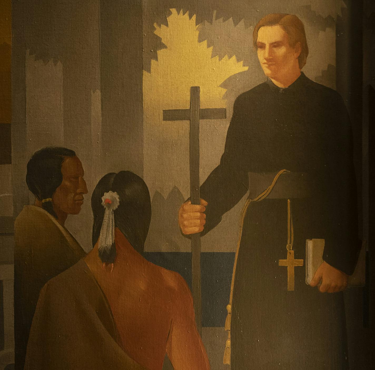 A small detail showing a Christian missionary with two Native Americans from one of the four murals in the St. Paul City Council Chambers painted in 1933 by John Norton. ] JEFF WHEELER &#xef; jeff.wheeler@startribune.com Two St. Paul City Council members are spearheading an effort to remove four murals, each depicting a white man who represents a period in early St. Paul history, from the council chambers. City Council President Amy Brendmoen and Vice President Rebecca Noecker say the 1930's-era