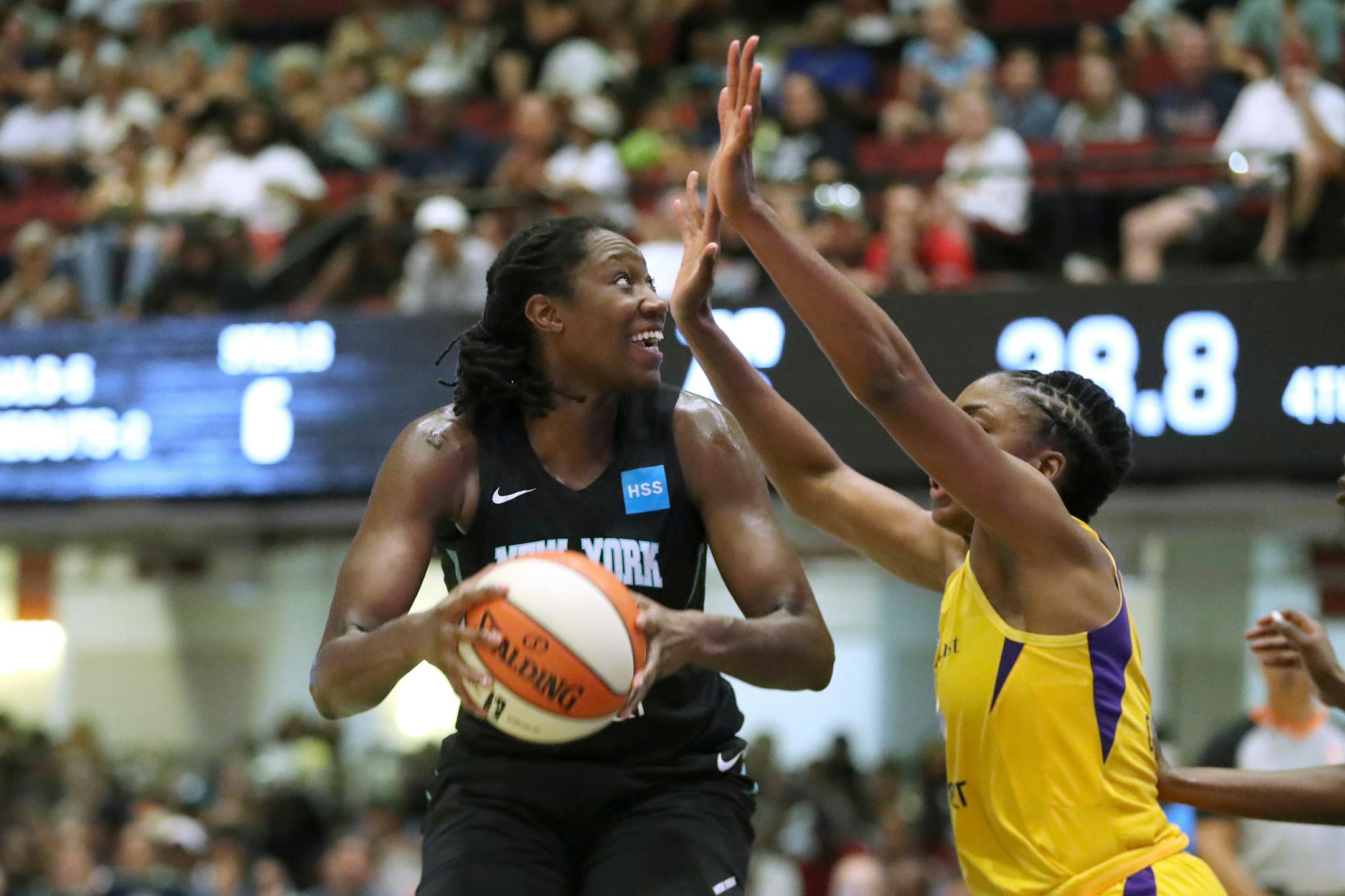 New York Liberty's Tina Charles #31 in action against the Los Angeles Sparks during a WNBA basketball game, Saturday, July 20, 2019, in White Plains, N.Y. The Liberty won the game 83-78. (AP Photo/Gregory Payan)