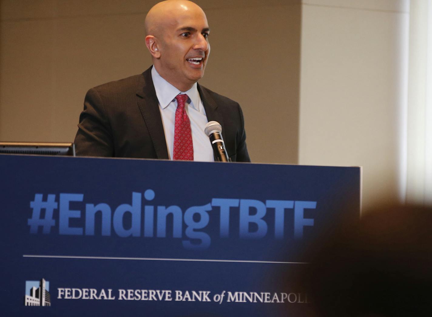 At the Federal Bank building in Minneapolis where a banking symposium on reforms and ending "too big to fail" took place, Minneapolis Fed Bank president Neel Kashkari addressed the audience.] Richard Tsong-Taatarii/rtsong-taatarii@startribune.com ORG XMIT: MIN1604041709030003