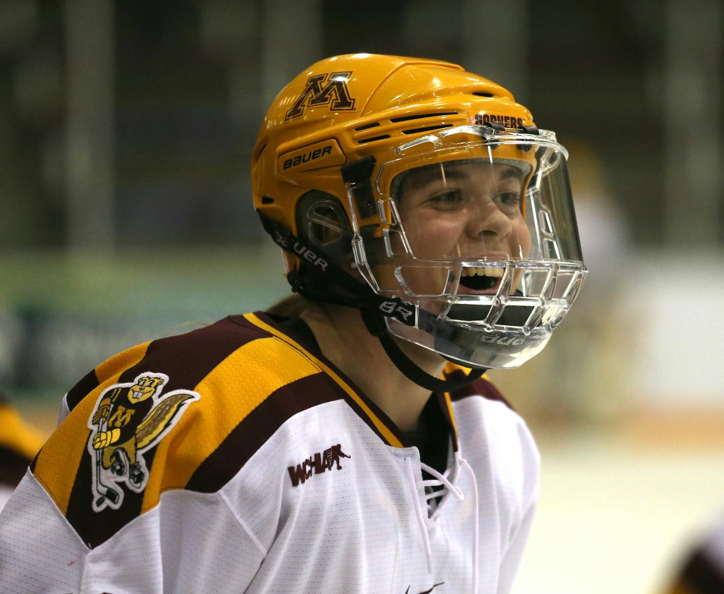 Gopher Hannah Brandt smiling before the game as she talked to teammates ] (KYNDELL HARKNESS/STAR TRIBUNE) kyndell.harkness@startribune.com Gopher women's hockey played Boston University in the quarterfinals of the NCAA championship at Ridder Arena in Minneapolis, Min, Saturday March 15, 2014. Gophers won over Boston University 5-1. ORG XMIT: MIN1403181027101078