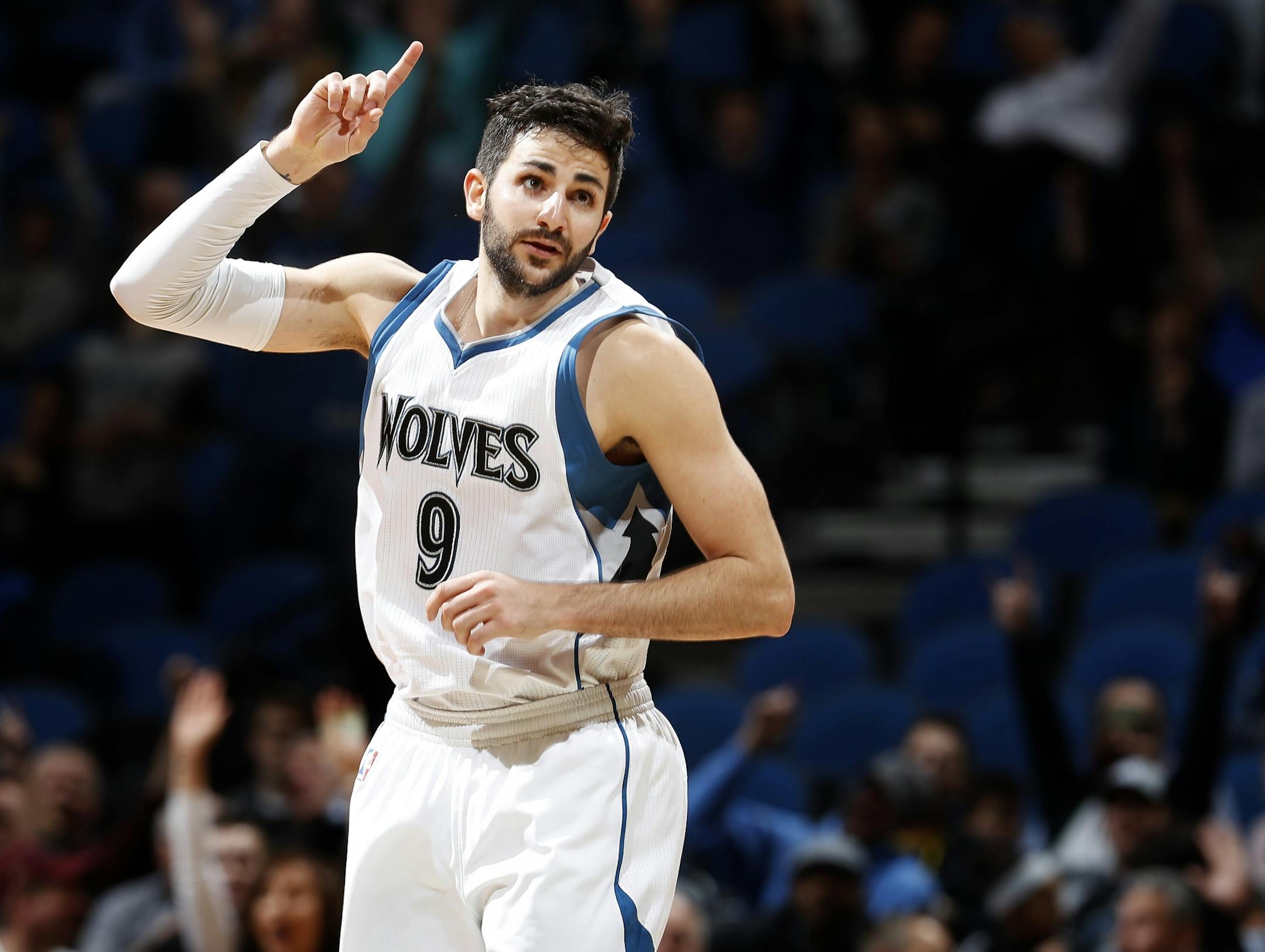 Ricky Rubio (9) reacted after hitting a three point shot in the third quarter.