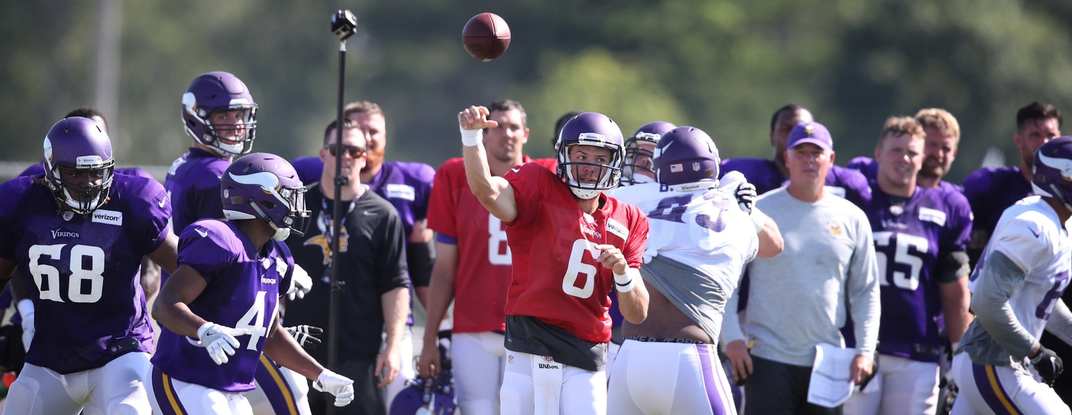 Minnesota Vikings quarterback Taylor Heinicke (6) threw a pass during practice at Minnesota State University Mankato Saturday July 29, 2017 in Mankato , MN.