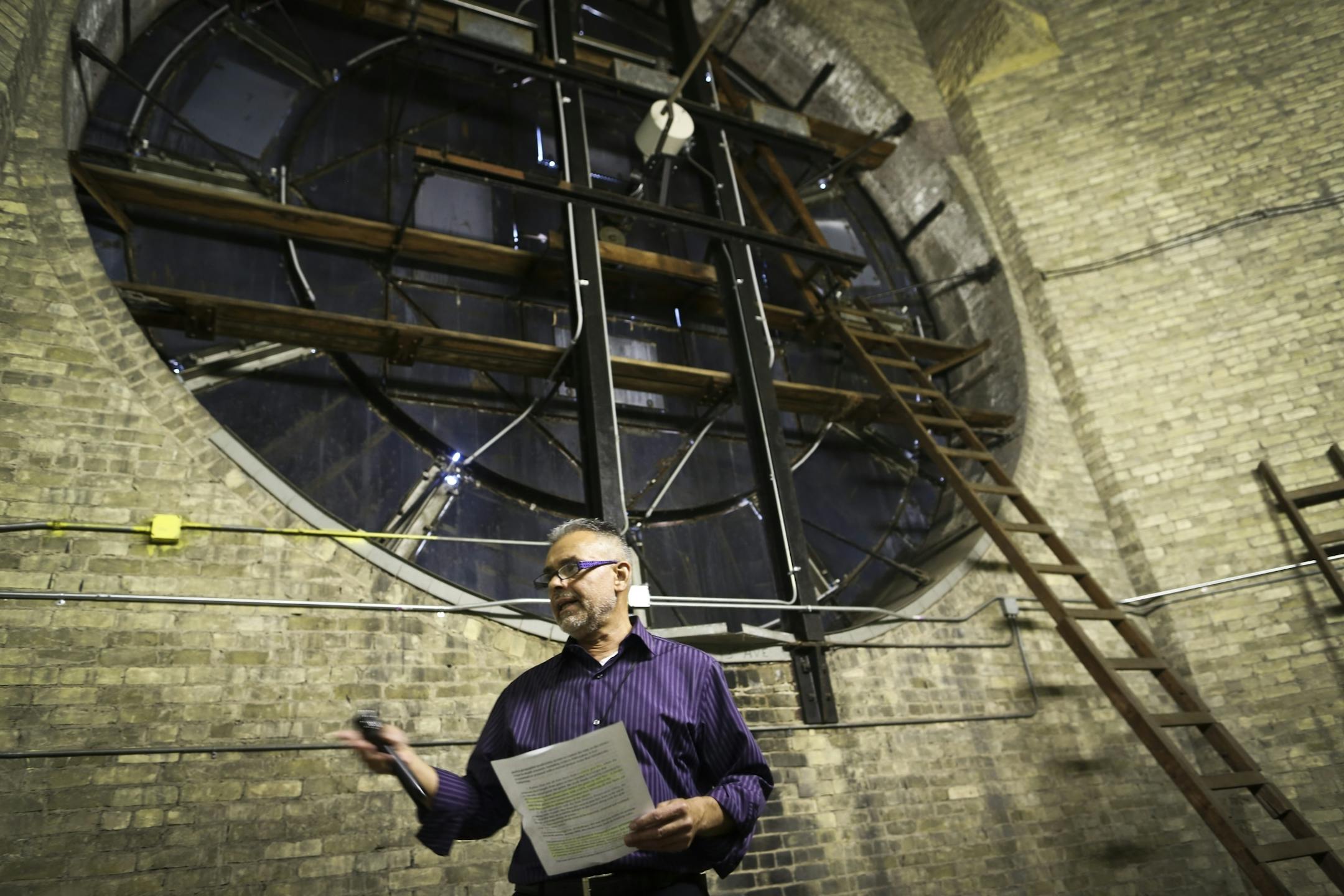 Municipal Building Commission director Jose Cervantes stood under a clock in the clock tower at city hall in Minneapolis, Minn., on Tuesday, October 16, 2012.