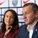 Kate Markgraf, general manager of the U.S. women's national soccer team, listens as newly hired head coach Vlatko Andonovski speaks at a news conferen