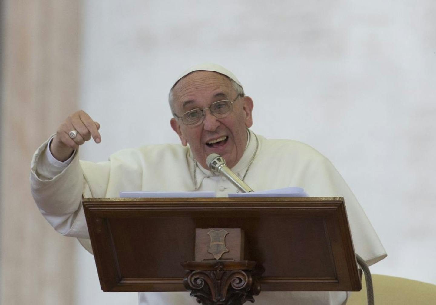 Pope Francis delivers his speech during a meeting with faithful on the occasion of a Pentecostal vigil St. Peter Square at the Vatican, Saturday, May 18, 2013.