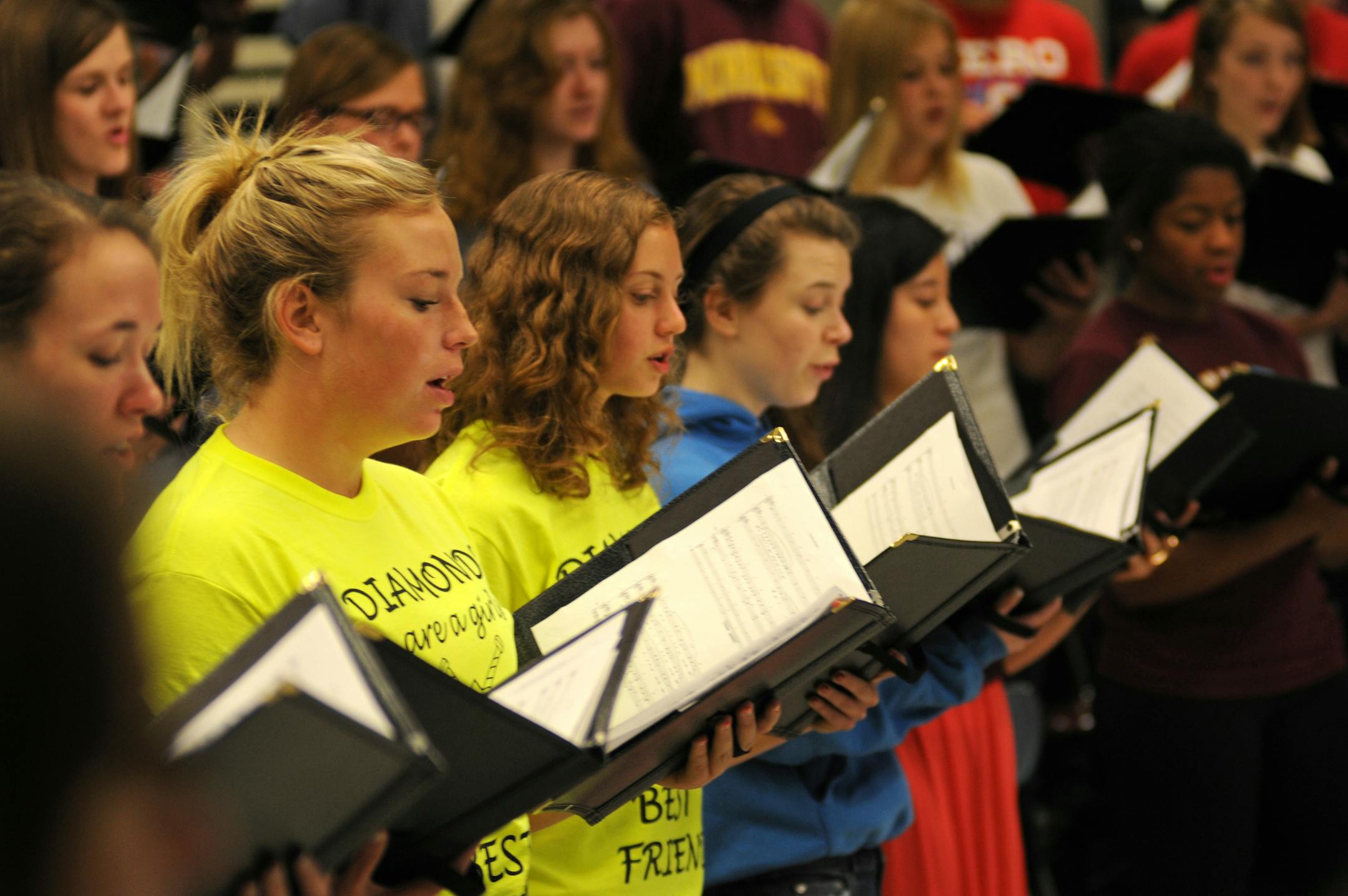 Concert Choir students at Henry Sibley High School rehearsed on Wednesday, May 9, 2012 with a Mexican composer Jorge Cózatl via Skype in preparation for an upcoming concert. The Henry Sibley Concert Choir has has worked this year Jorge Cózatl, a composer from Mexico, who has composed a piece for them to perform. VocalEssence, a choral organization in Minneapolis, selected Henry Sibley to participate in its Cantaré! program that brings composers from Mexico into Minnesota classroom