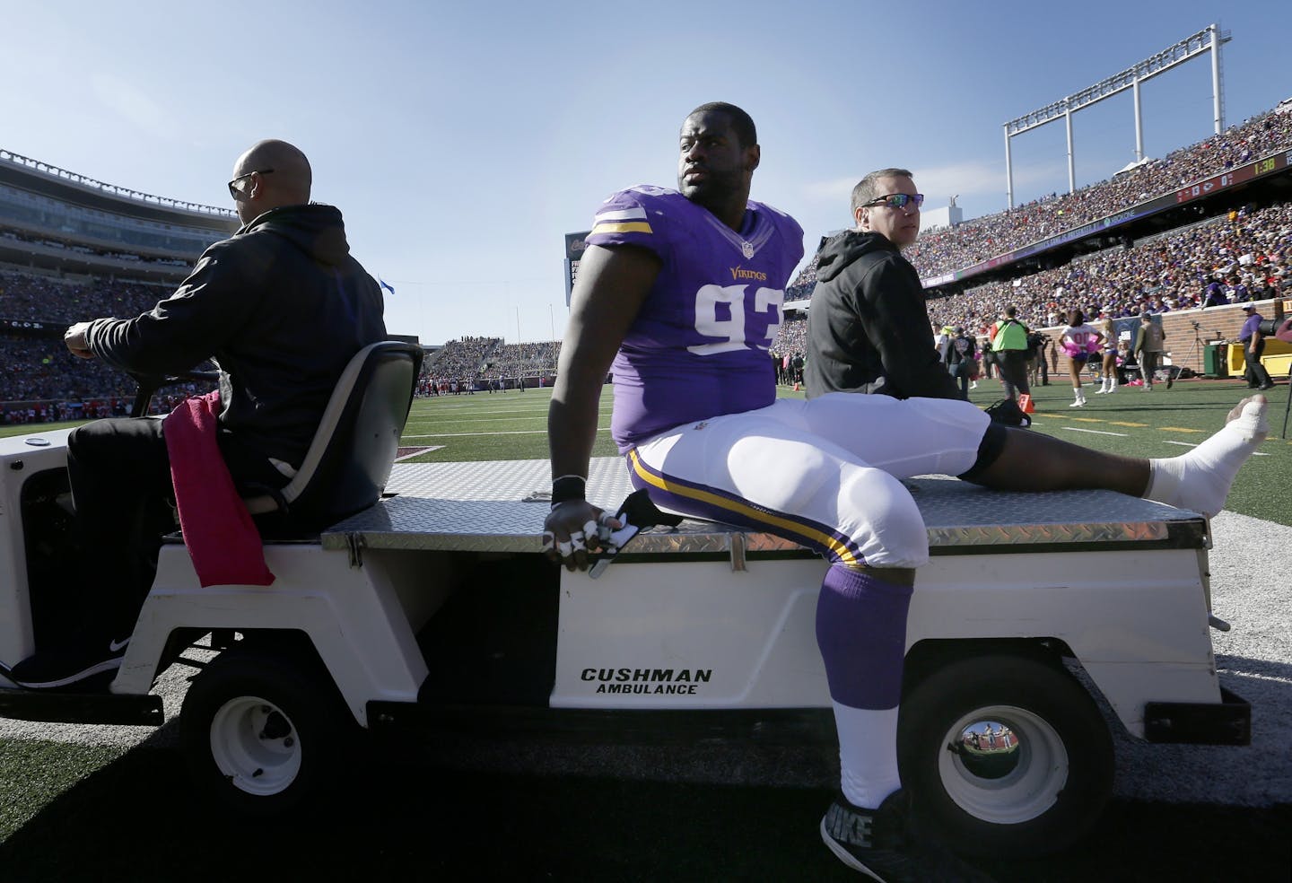 Vikings defensive lineman Shamar Stephen (93) was carted off the field in the third quarter.