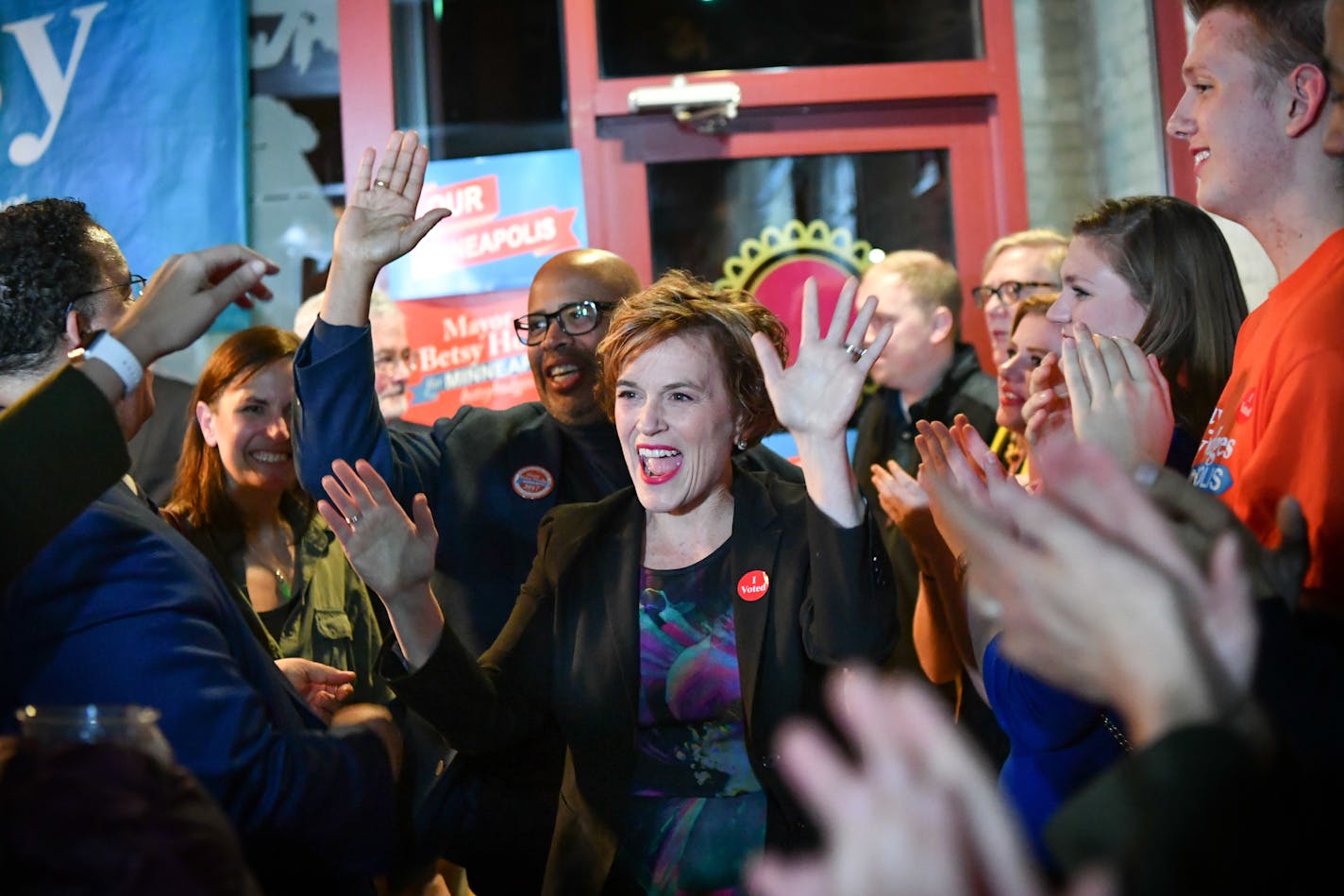 Mayor Betsy Hodges arrived at a party for her campaign volunteers at Gandhi Mahal restaurant in Minneapolis.