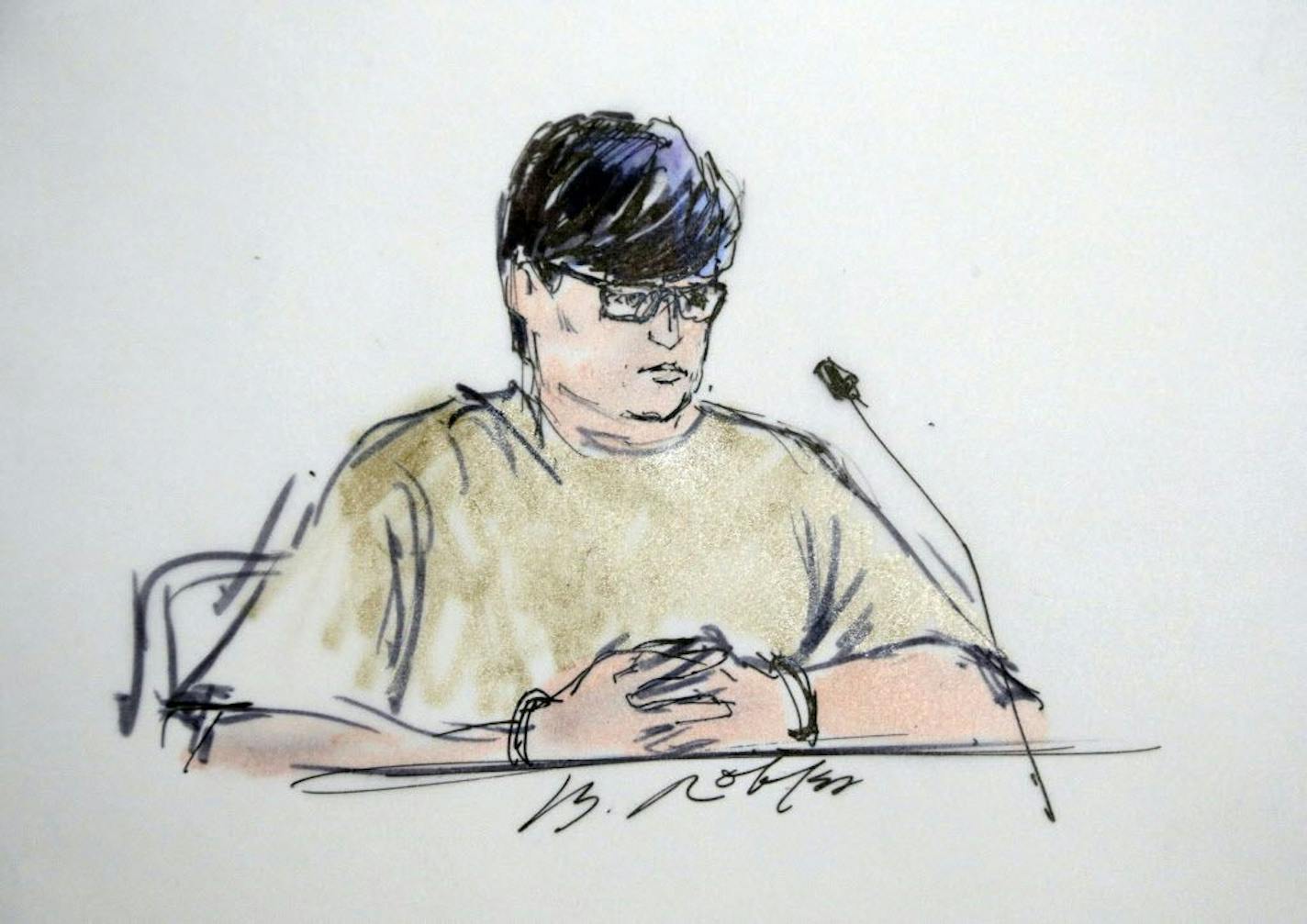 In this courtroom sketch, Enrique Marquez Jr. appears in federal court in Riverside, Calif., Thursday, Dec. 17, 2015. Marquez, 24, was charged Thursday with conspiring to provide material support to terrorists for plotting with gunman Syed Rizwan Farook to launch attacks in 2011 and 2012 at a community college and congested freeway at rush hour that they never carried out.