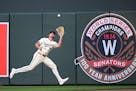 Minnesota Twins right fielder Matt Wallner (38) catches a sharp fly ball hit by Los Angeles Dodgers catcher Will Smith (16) in the top of the second i
