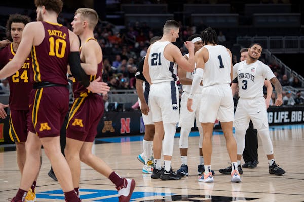 Penn State guard Sam Sessoms (3) reacts after Minnesota was called for a foul during the second half.