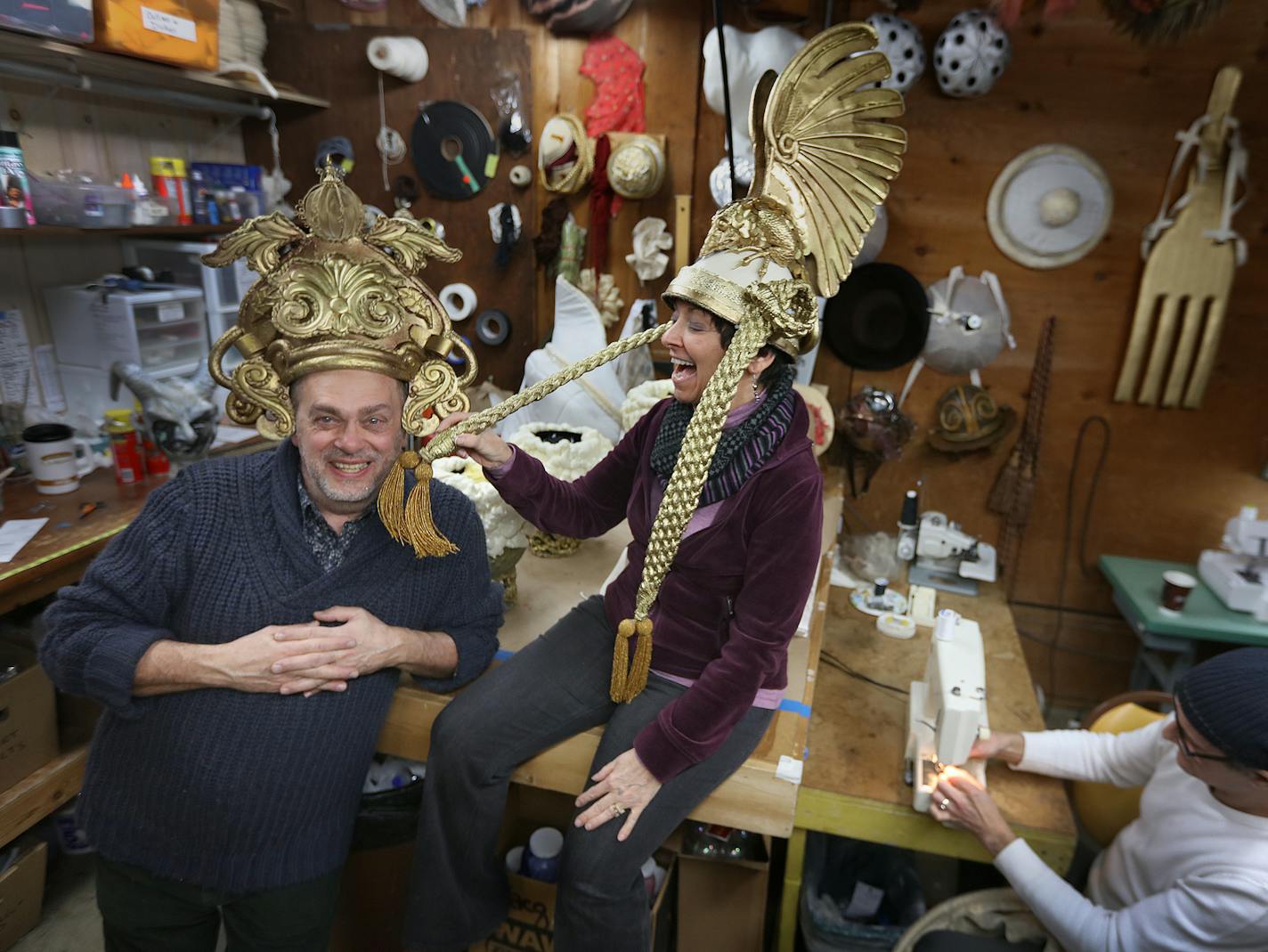 Chanhassen Dinner Theatres costume designer Rich Hamson and colleague Nanci Aeilts took a break from their work for &#x201c;Beauty and the Beast.&#x201d;