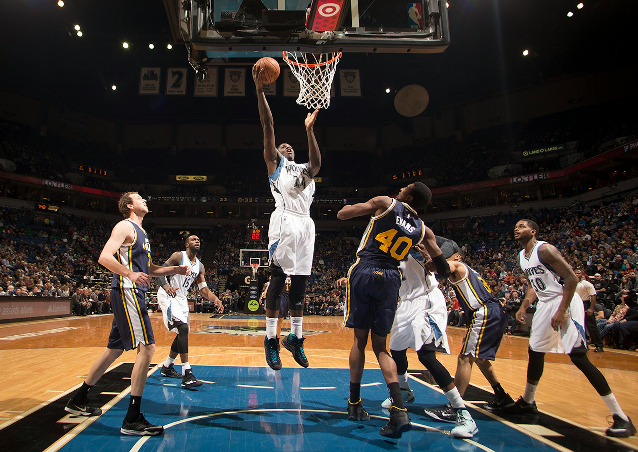 Minnesota Timberwolves forward Anthony Bennett (24) scores in the paint against the Utah Jazz in the first half. ] (Aaron Lavinsky | StarTribune) The Minnesota Timberwolves play the Utah Jazz on Saturday, Jan. 3, 2015 at Target Center in Minneapolis.