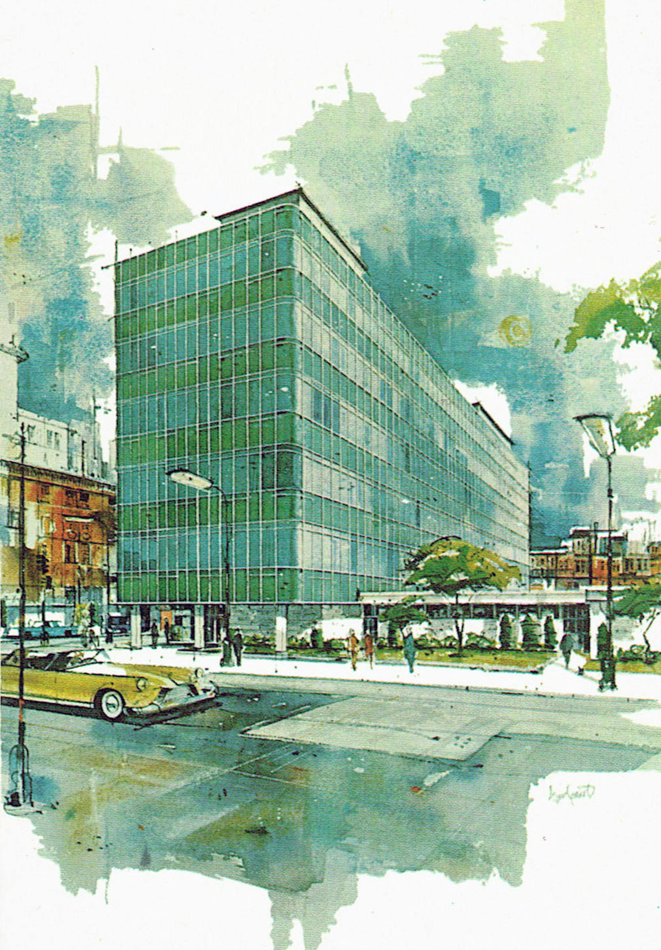 The Lutheran Brotherhood Building (2nd avenue and 7th street) A romantic postcard view of the 1955 structure, which brought Manhattan styles to the Mill City.
