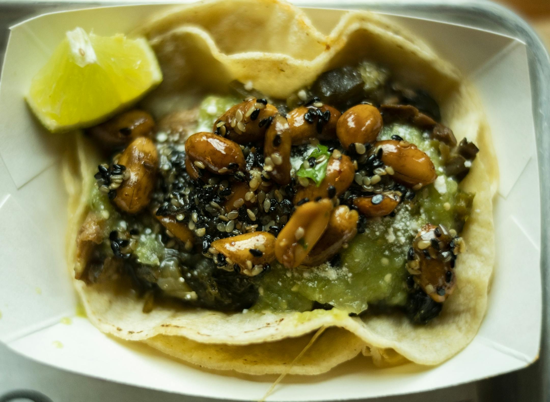 The no pales which has cured cactus, mushrooms, kale caramelized onions, peanut sesame salsa.