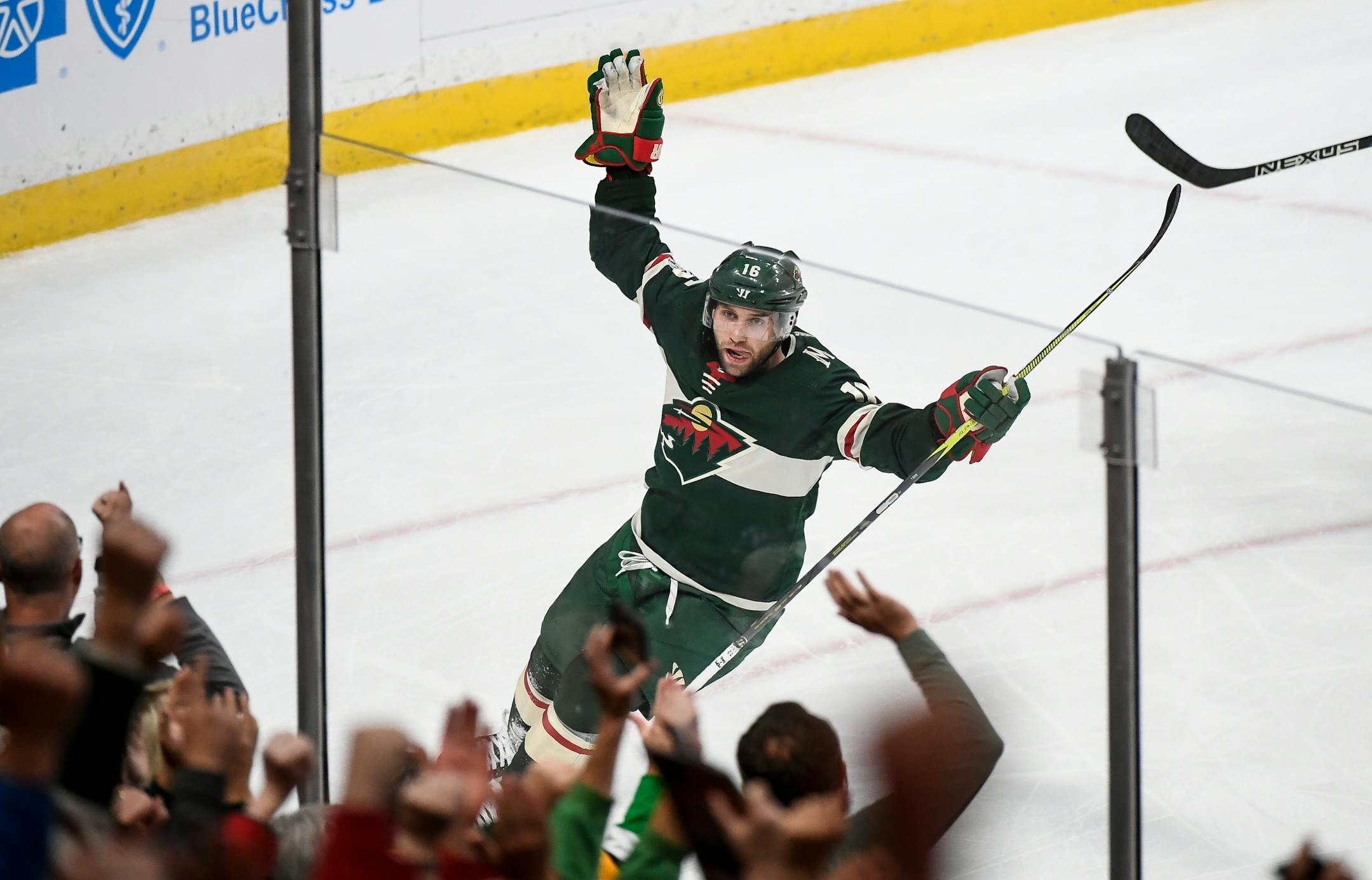 Minnesota Wild left wing Jason Zucker (16) celebrated prematurely before his third period goal was waved off after officials ruled it didn't pass the plane of the goal Saturday against the Columbus Blue Jackets.