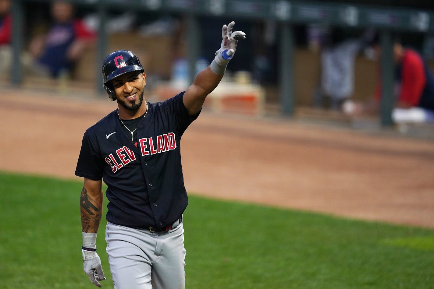 Cleveland Indians left fielder and former Twins player Eddie Rosario (9) waved to the crowd after he hit a solo home run in the fifth inning. ] ANTHONY SOUFFLE • anthony.souffle@startribune.com