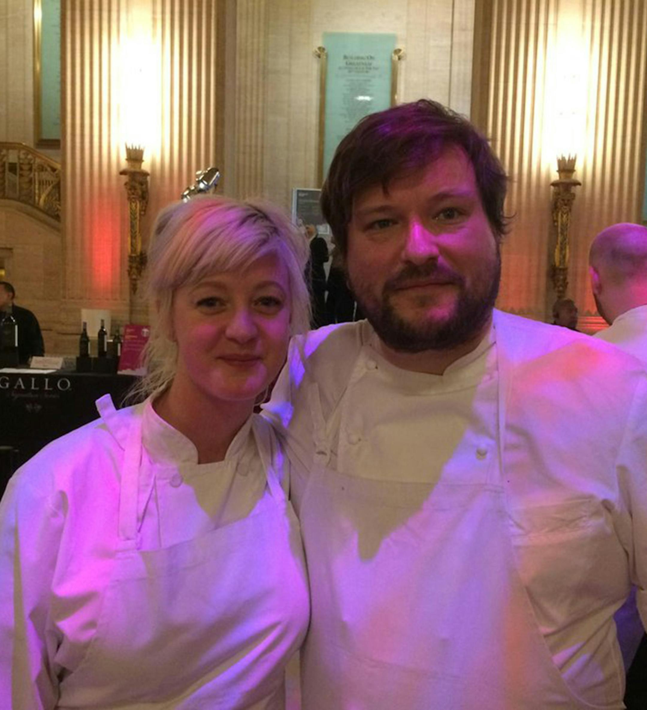 Jamie Malone and Erik Anderson, of the upcoming Brut restaurant, served their chicken terrine appetizers at the afterparty.