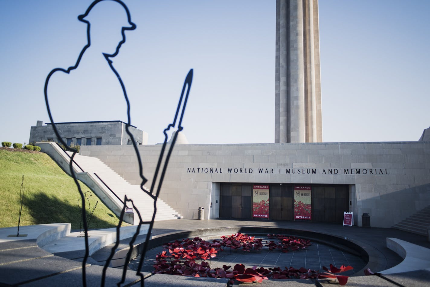 The Liberty Memorial Tower and the main courtyard at the National World War I Museum and Memorial, in Kansas City, Mo., Sept. 20, 2018. Visits here are up by more than 60 percent since 2013, growth the museum credits in part to contemporary-focused programming, like events centered around wartime whiskey, chocolate and tattooing. (Shawn Brackbill/The New York Times)