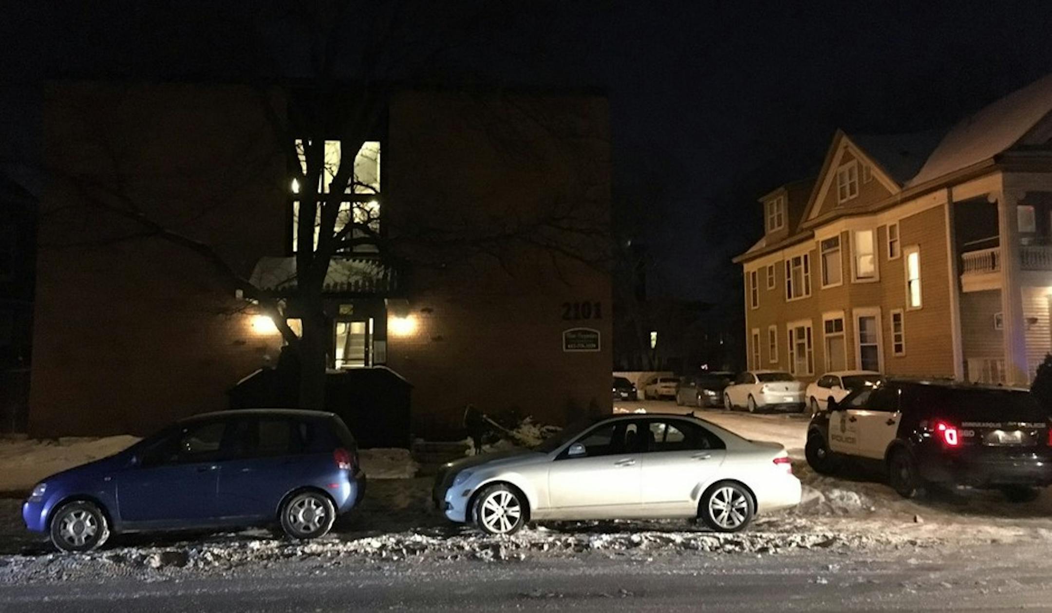 This apartment building on the left was the scene of Saturday night's stabbing, according to a Minneapolis police spokesman. Police were called there about 10:50 p.m.