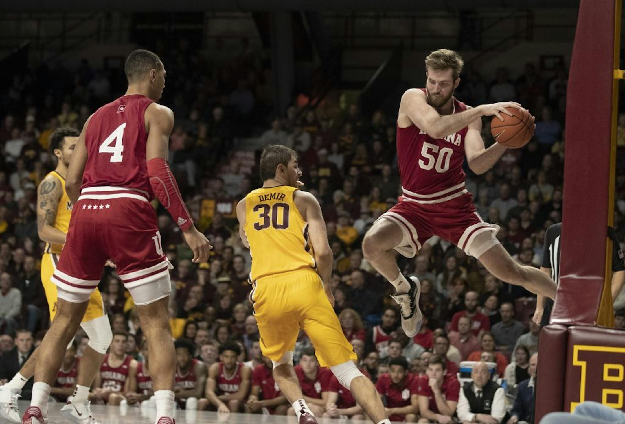 Indiana Hoosiers forward Joey Brunk (50) saved the ball from going out of bounds in the second half.