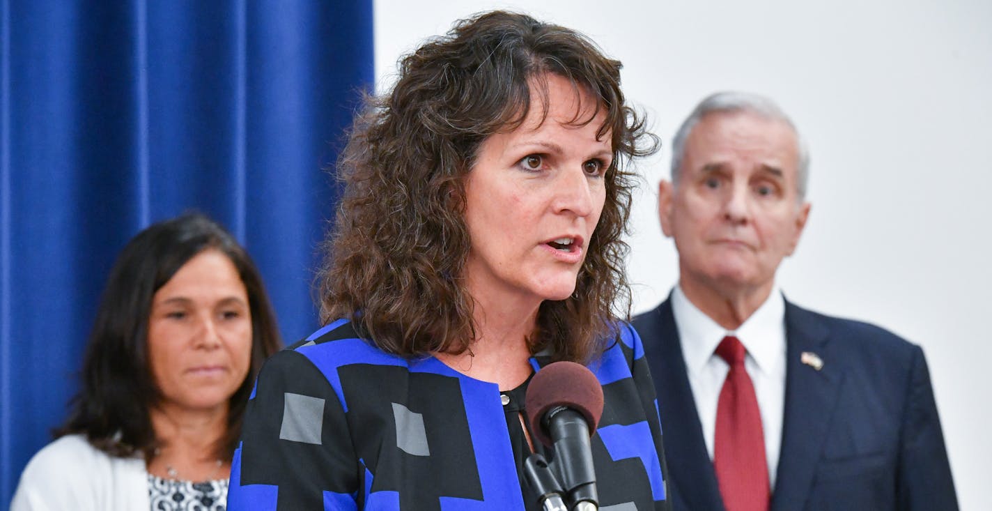 Orono Superintendent Kate Maguire spoke at a news conference where Mark Dayton and Education Commissioner Brenda Cassellius announced the Minnesota school districts and charter schools that are receiving funding for voluntary prekindergarten programs. ] GLEN STUBBE * gstubbe@startribune.com Monday, August 8, 2016 Gov. Mark Dayton and Education Commissioner Brenda Cassellius announce the Minnesota school districts and charter schools that are receiving funding for voluntary prekindergarten progra