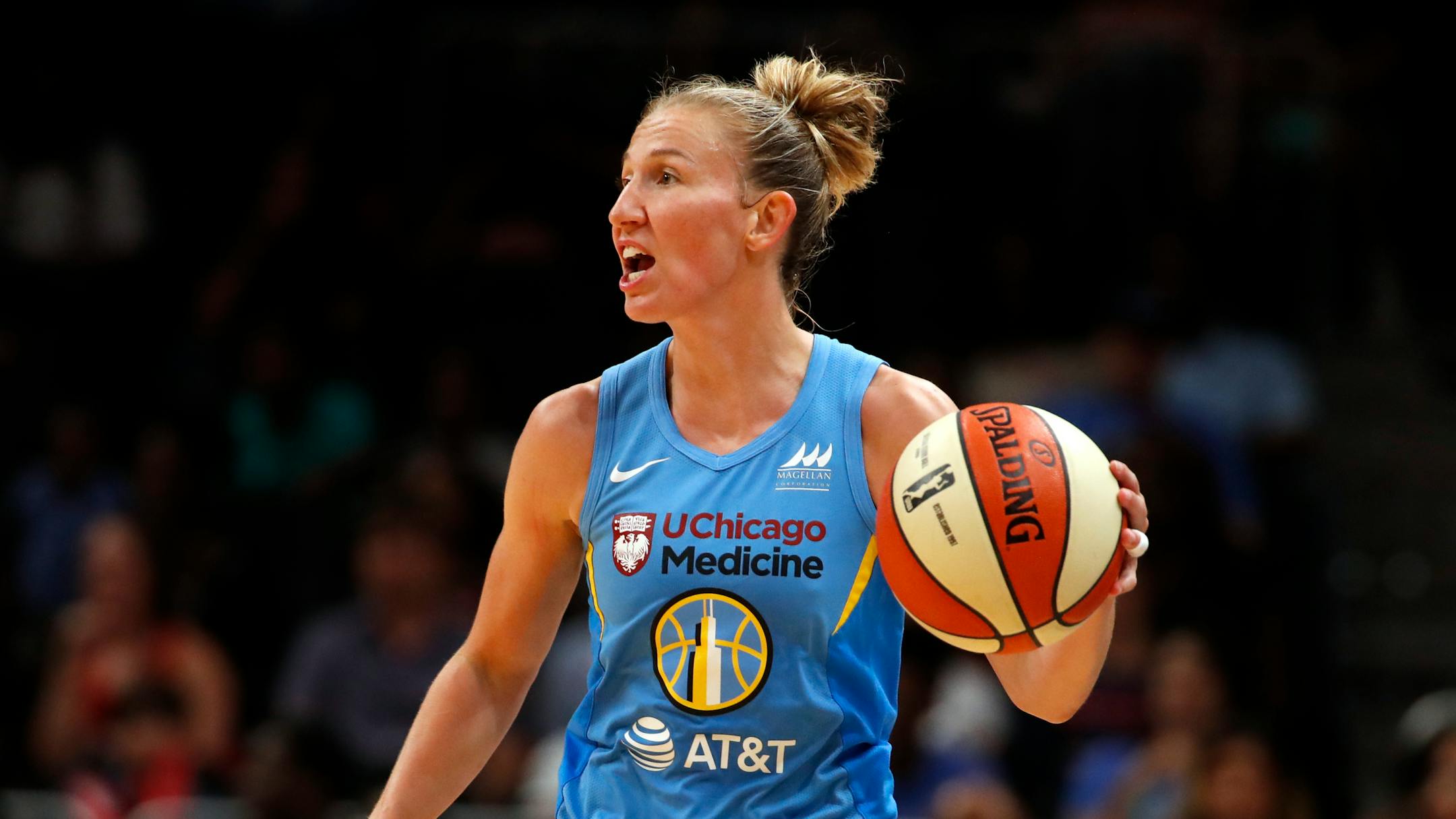 Chicago Sky guard Courtney Vandersloot (22) is shown in action against the Atlanta Dream in the second half of a WNBA basketball game Tuesday, Aug. 20, 2019, in Atlanta. (AP Photo/John Bazemore)