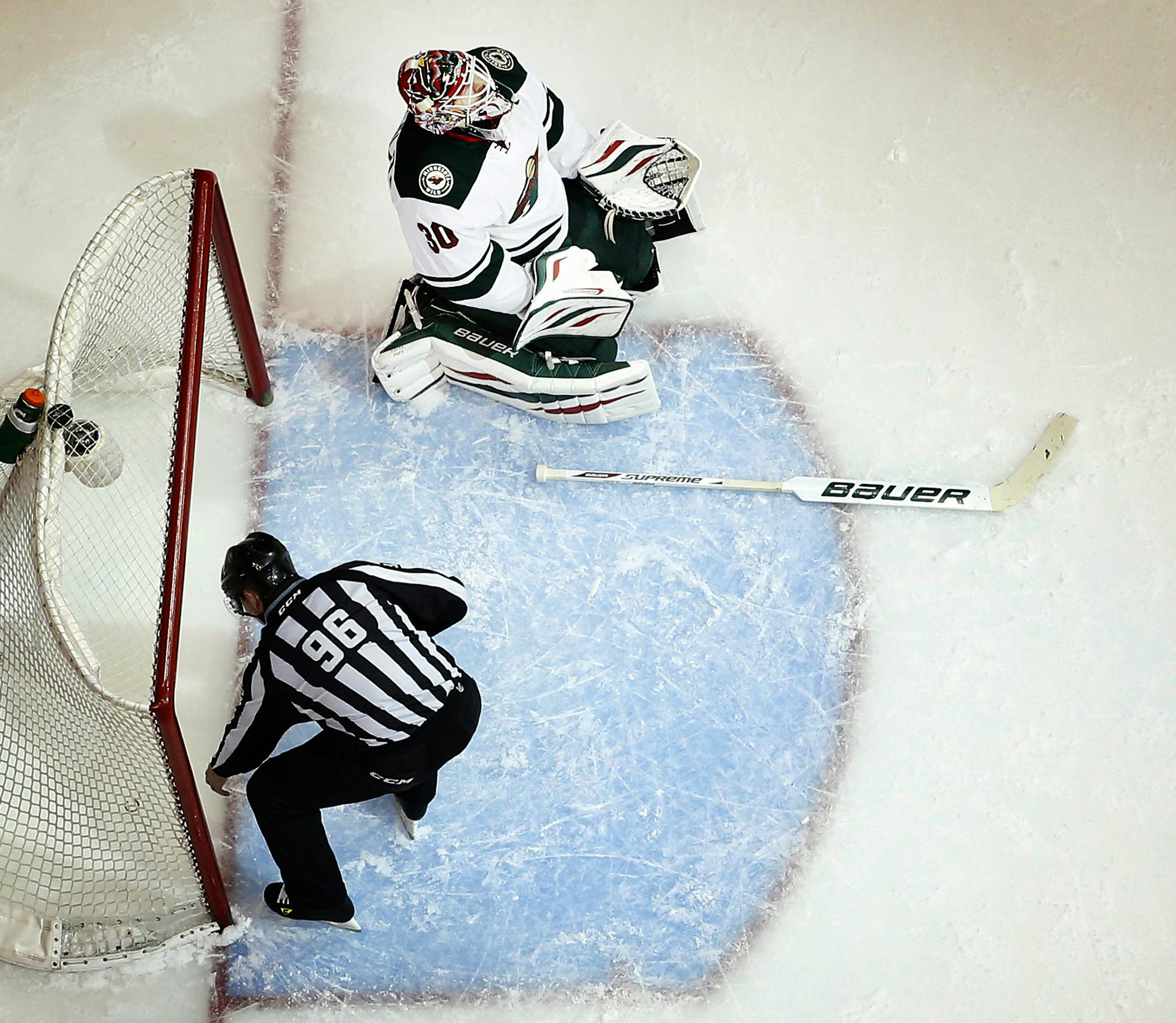 Minnesota Wild goalie Ilya Bryzgalov (30) remained still after a goal by Paul Stastny in the third period to tie the game. Colorado beat Minnesota by a final score of 5-4 in overtime. ] CARLOS GONZALEZ cgonzalez@startribune.com - April 17, 2014, Denver, Colorado, Pepsi Center, NHL, Minnesota Wild vs. Colorado Avalanche, Stanley Cup Playoffs round 1, Game 1