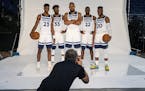 From left to right, Jarrett Culver, Robert Covington, Karl-Anthony Towns, Andrew Wiggins and Josh Okogie posed for team photographer David Sherman on 