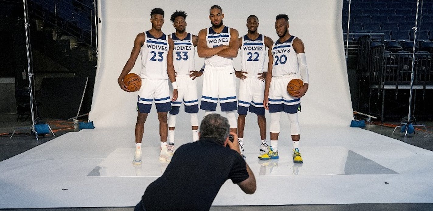 From left to right, Jarrett Culver, Robert Covington, Karl-Anthony Towns, Andrew Wiggins and Josh Okogie posed for team photographer David Sherman on Timberwolves media day.