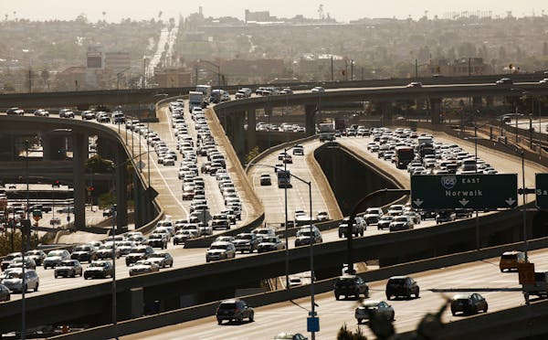 Los Angeles traffic on the 105 freeway near the 405 interchange in Southern Calif. California and other states are suing the Trump Administration over