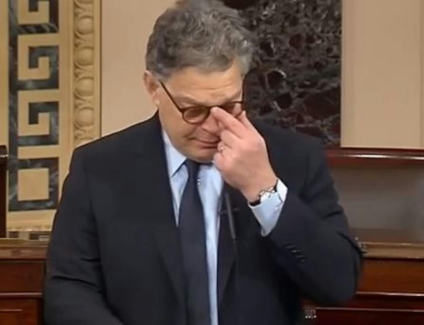 In a photo taken from C-SPAN video, Sen. Al Franken spoke Monday night about Paul Wellstone on the Senate floor and became emotional.