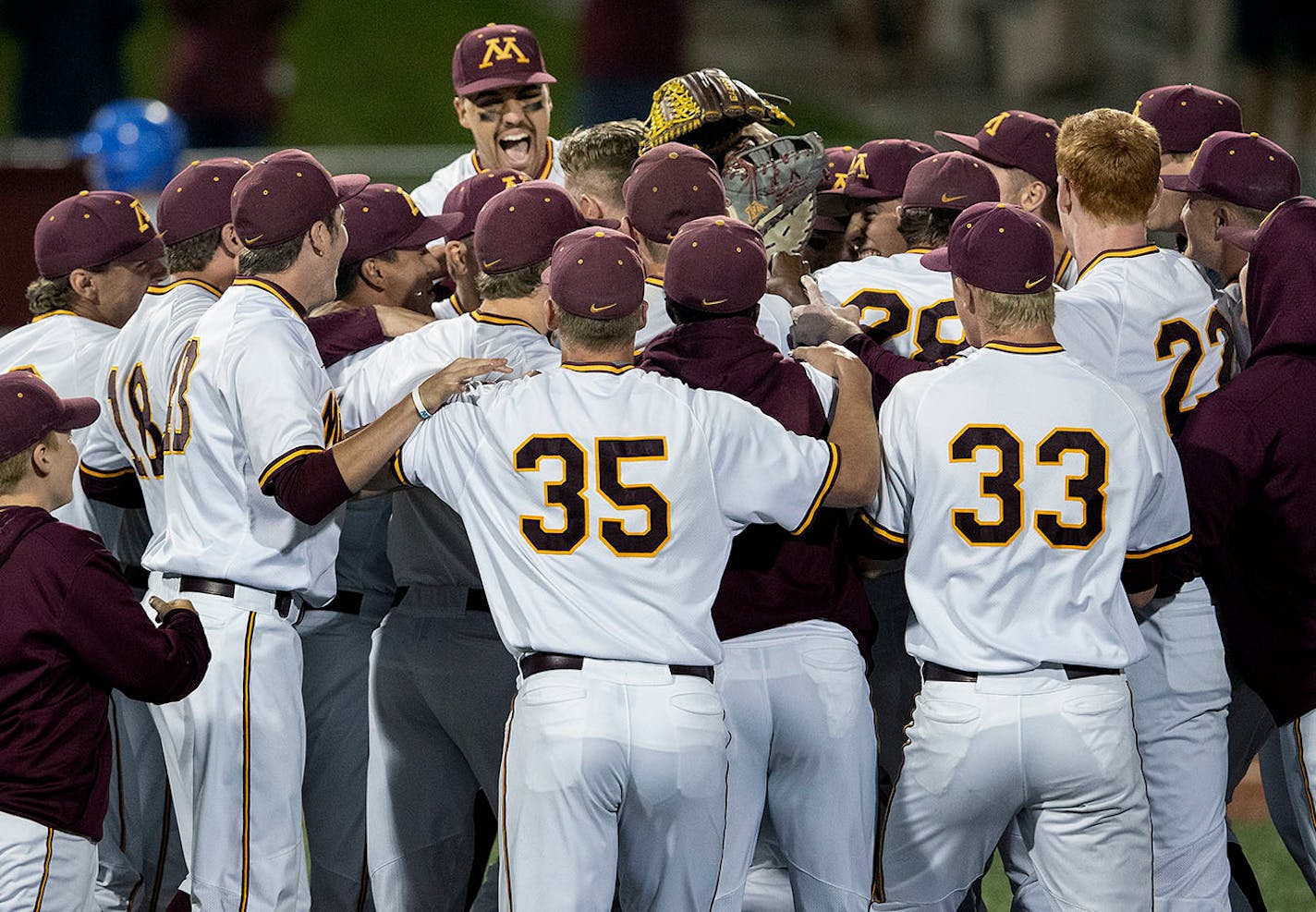 Gophers players celebrated at the end of the game on Sunday. Minnesota beat UCLA 13-8 to advance to a super regional at Oregon State.