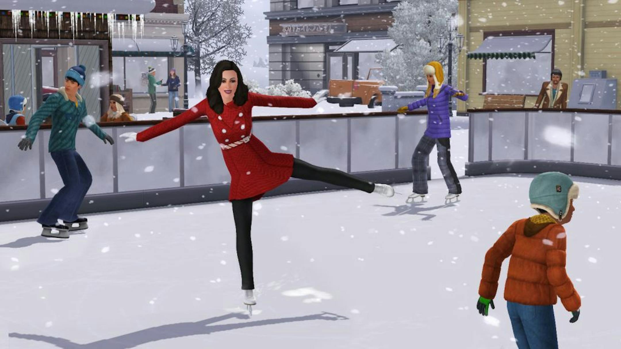 Singer and entertainer Katy Perry says the holidays are her favorite Seasons in "The Sims" videogame series, which she helped design. Here, her sim is figure skating at a rink in winter.