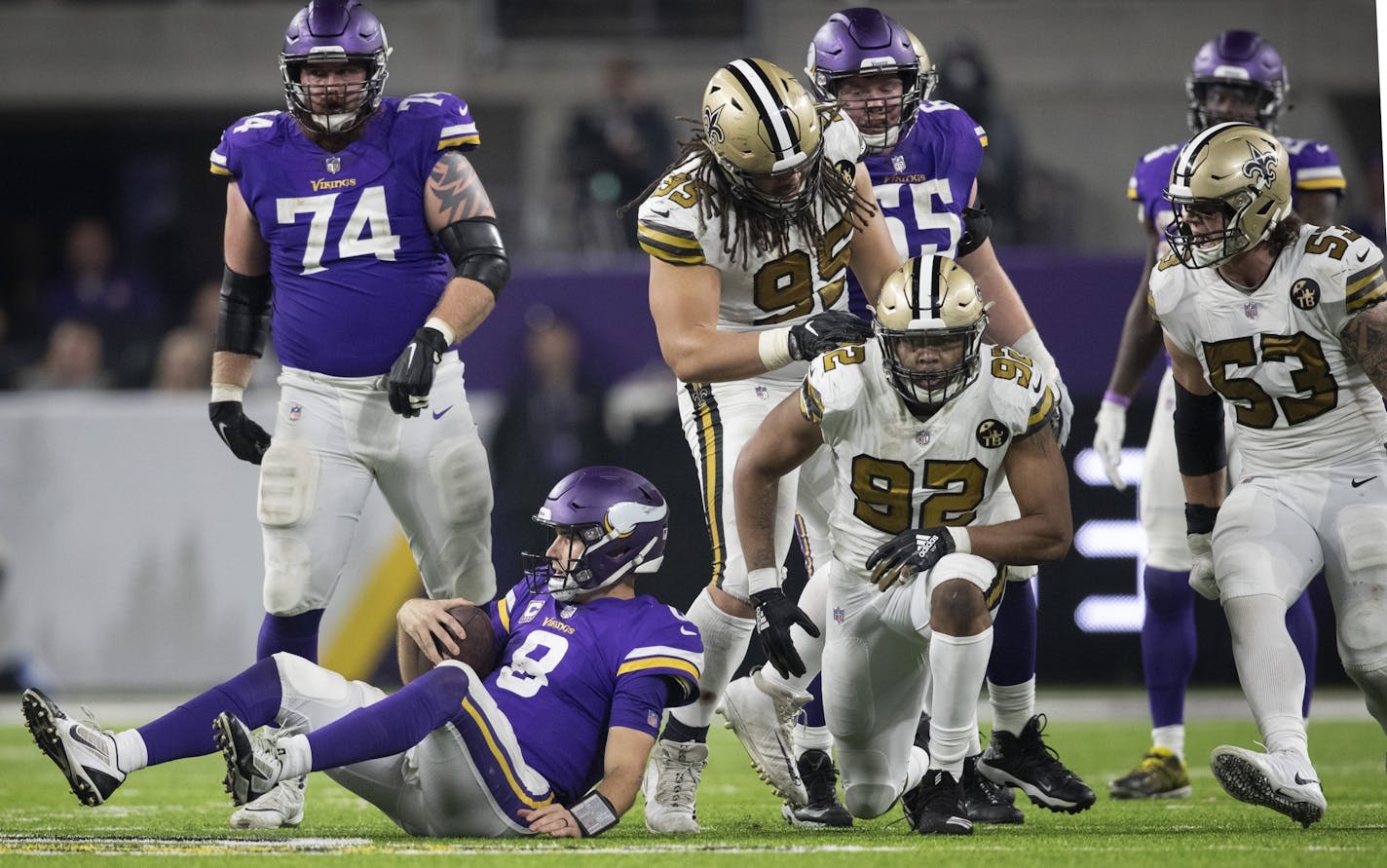 New Orleans Saints defensive end Marcus Davenport (92) celebrated his seven yard sack of Minnesota Vikings quarterback Kirk Cousins (8) in the forth quarter at U.S. Bank Stadium Sunday October 28, 2018 in Minneapolis, MN.