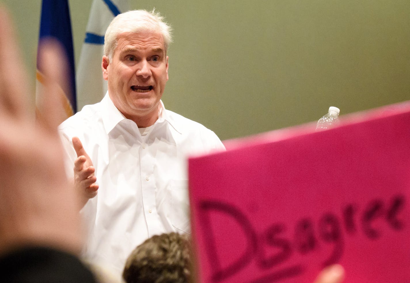 Rep. Tom Emmer hold his first town hall of the year in Sartell. ] GLEN STUBBE &#x2022; glen.stubbe@startribune.com Wednesday February 22, 2017 Rep. Tom Emmer holds his first town hall of the year in Sartell. Expecting a large turnout, similar to what's been happening around the country as people have turned out to challenge President Trump's actions and see how their representatives are responding.