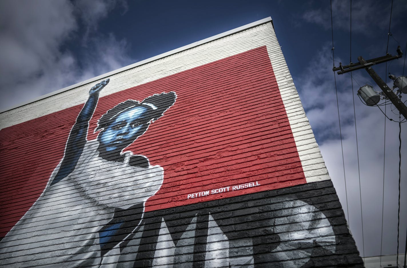 Highpoint: 912 W Lake St, .] Jerry Holt •Jerry.Holt@startribune.com Profile of artist Peyton Scott Russell, who created the massive George Floyd piece at 38th and Chicago Monday October 26, 2020 in Minneapolis , MN.