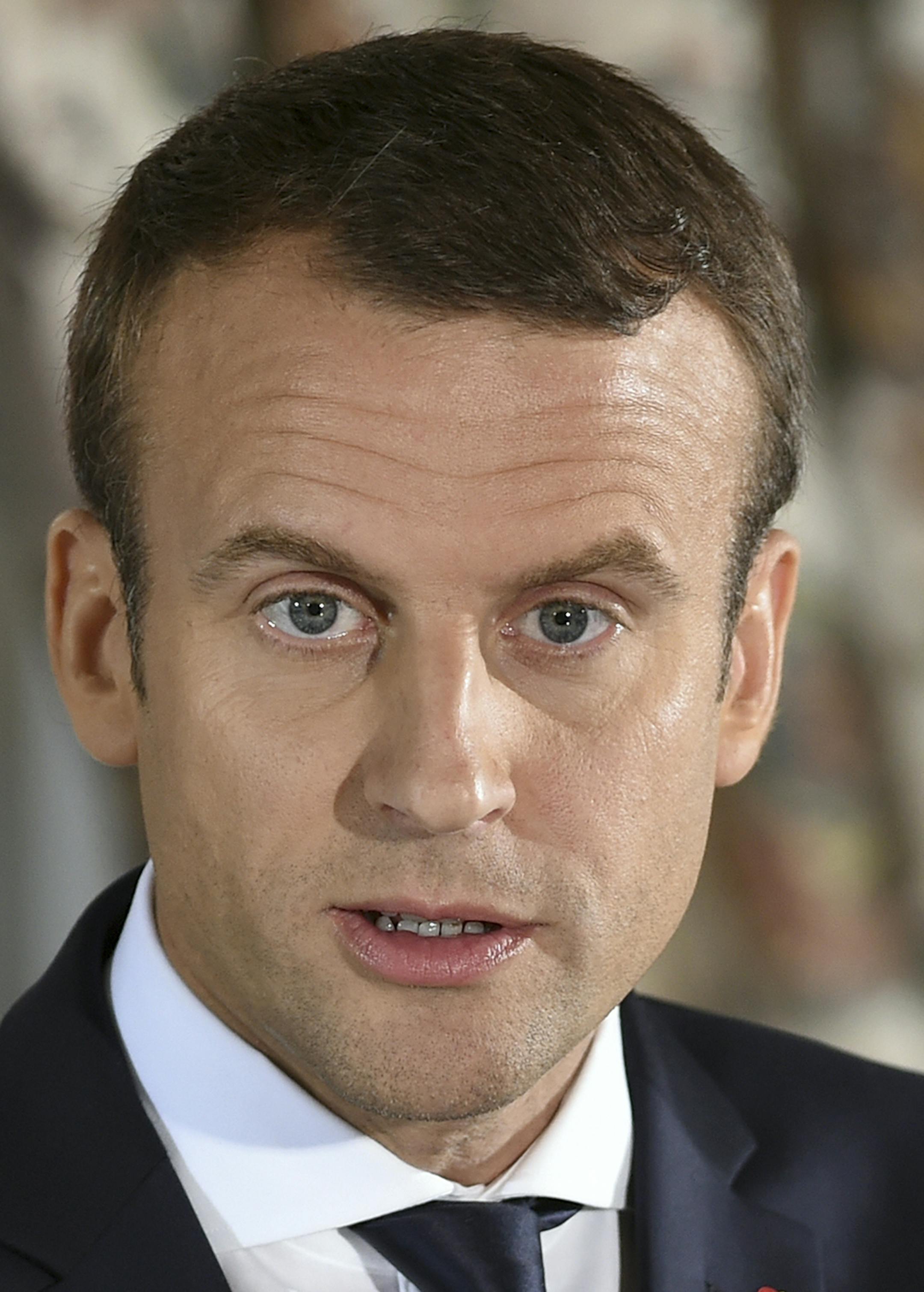 French President Emmanuel Macron delivers his speech during a press conference as part of his meeting with Morocco's King Mohammed VI in Rabat, Morocco, Wednesday, June 14, 2017. The visit is the first by the recently elected French president to a North African country and aims to strengthen the relationship between France and Morocco, including cooperation on security issues. (Fadel Senna/ Pool Photo via AP) ORG XMIT: MIN2017061416321801
