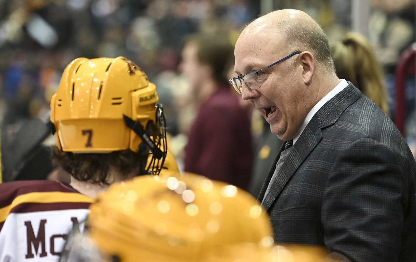 Minnesota Golden Gophers head coach Bob Motzko talked things over with forward Brannon McManus (7) during a second period break in the action Saturday night. ] Aaron Lavinsky &#xa5; aaron.lavinsky@startribune.com The University of Minnesota Golden Gophers men's hockey team played the Ferris State Bulldogs on Saturday, Dec. 29, 2018 at the 3M Arena at Mariucci in Minneapolis, Minn.