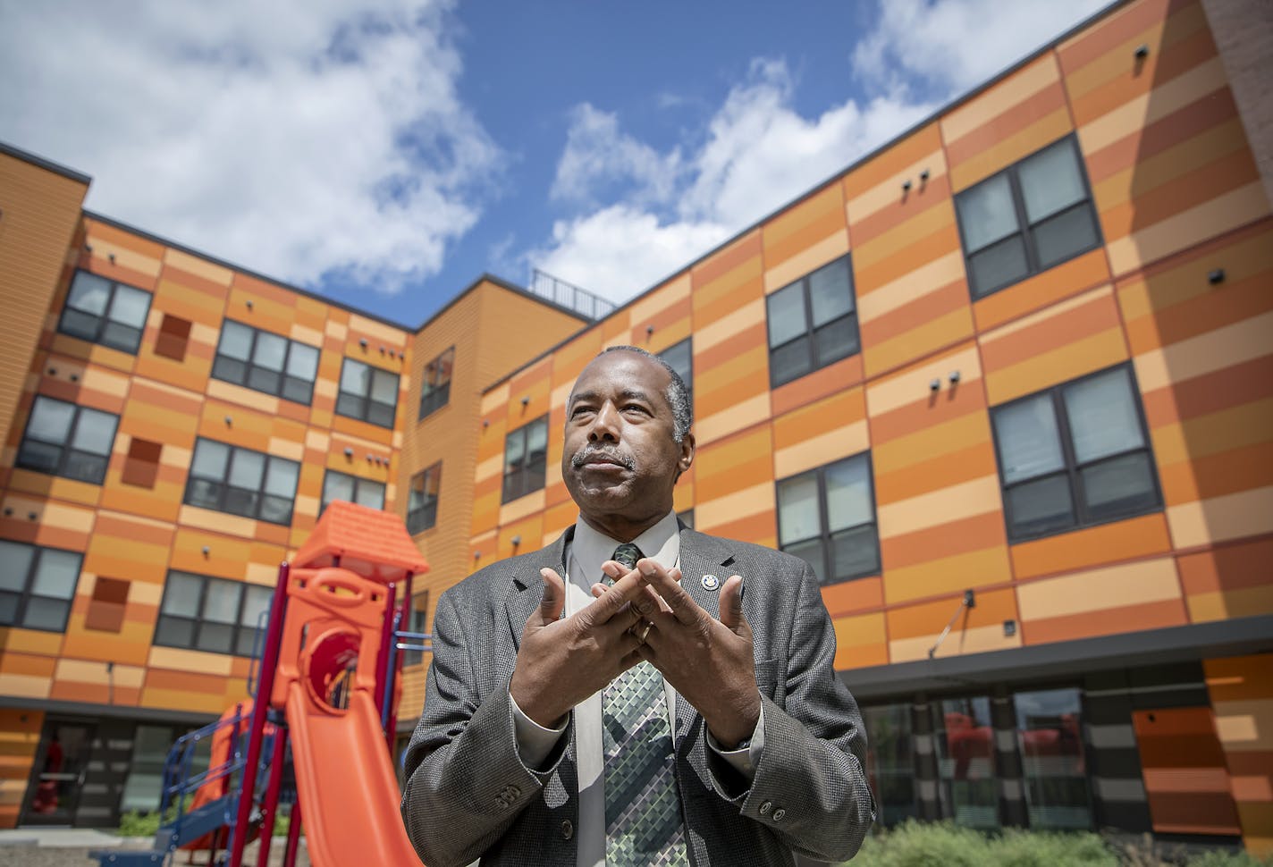 Housing and Urban Development Secretary Ben Carson spoke to the media after a small tour of the EcoVillage Apartments, a community of affordable housing, Tuesday, June 18, 2019 in Minneapolis, MN. ] ELIZABETH FLORES &#x2022; liz.flores@startribune.com