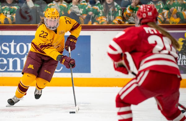 Minnesota forward Abigail Boreen, above vs. Wisconsin, scored three goals against St. Cloud State on Friday afternoon.