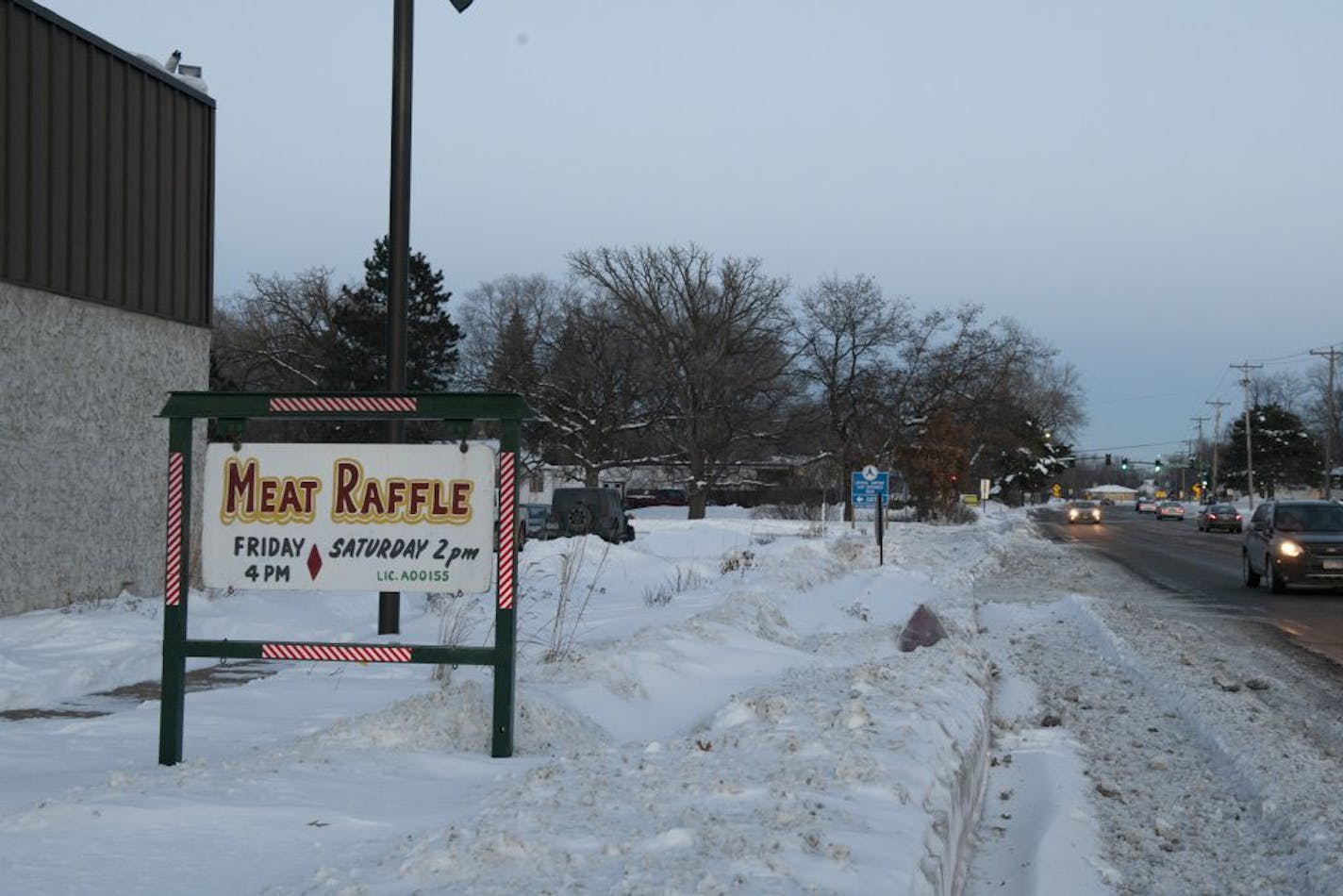 A sign advertising the meat raffle sat outside of the V.F.W. Post.