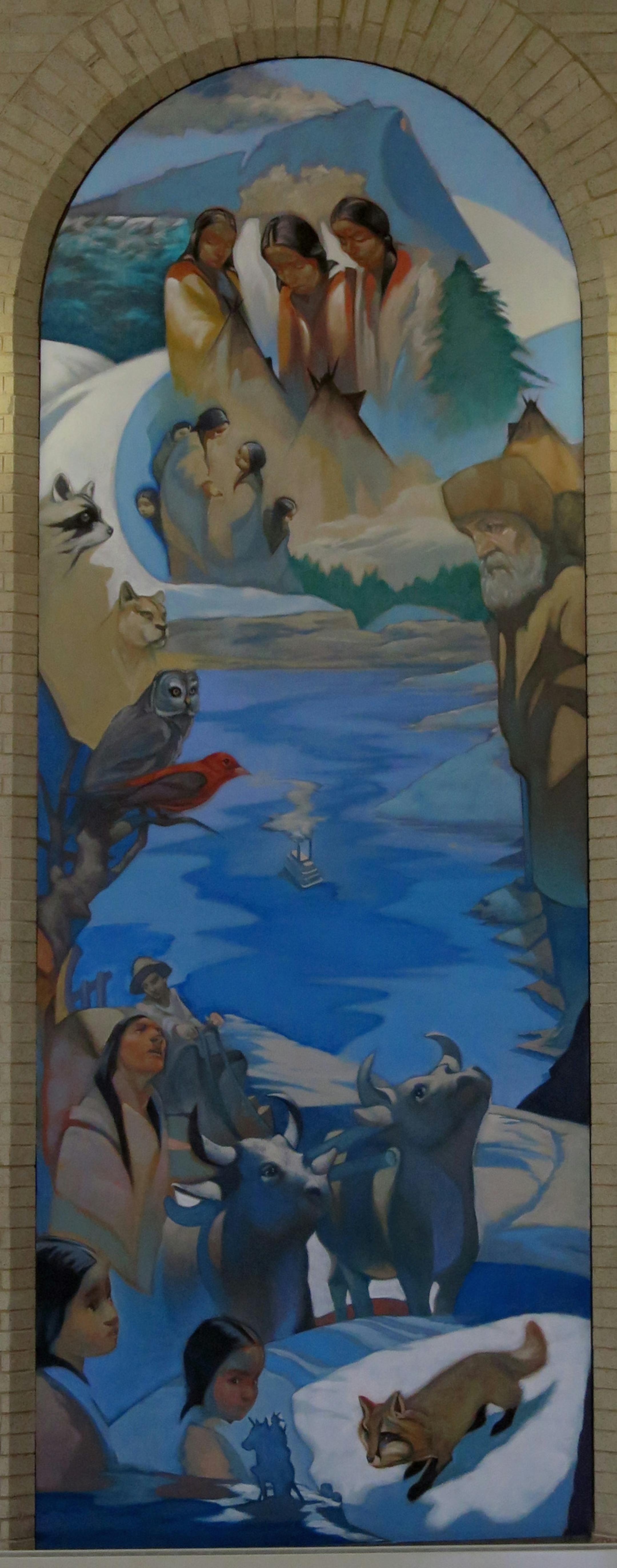 Atlanta-based muralist Ralph Gilbert will be overseeing installation of 6 train-themed history murals in St. Paul's Union Depot . Each painting is 16 ft. tall and done in a 1930s mural style, representing various Depot-themed topics -Mississippi River, Rondo neighborhood, homeless/ orphan train kids, immigrants and their future employment (farming, railroading,etc.), soldiers departming for assorted wars, U.S. postal service. 1 of 6