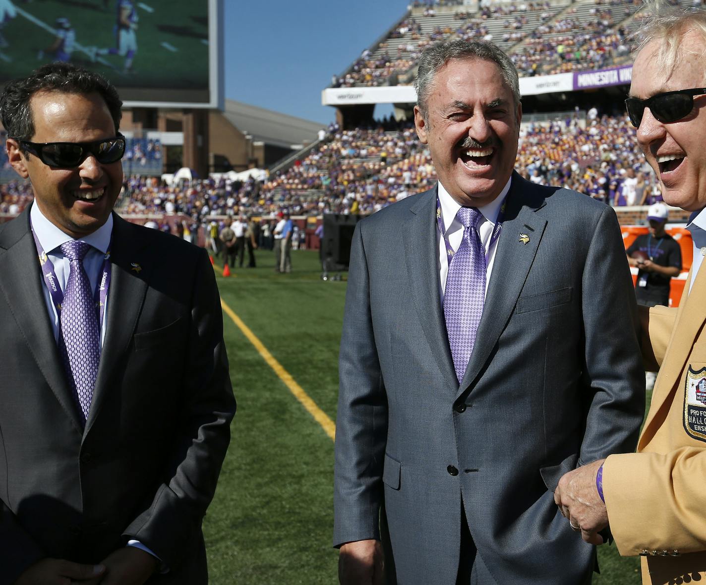 Minnesota Vikings president Mark Wilf and owner Zygi Wilf joked with Hall of Fame quarterback Fran Tarkenton during pregame warm ups at TCF Bank Stadium before the Vikings vs. Lions game. ] CARLOS GONZALEZ &#xef; cgonzalez@startribune.com - September 27, 2015, TCF Bank Stadium, Minneapolis, MN, NFL, Minnesota Vikings vs. San Diego Chargers ORG XMIT: MIN1509301540224899