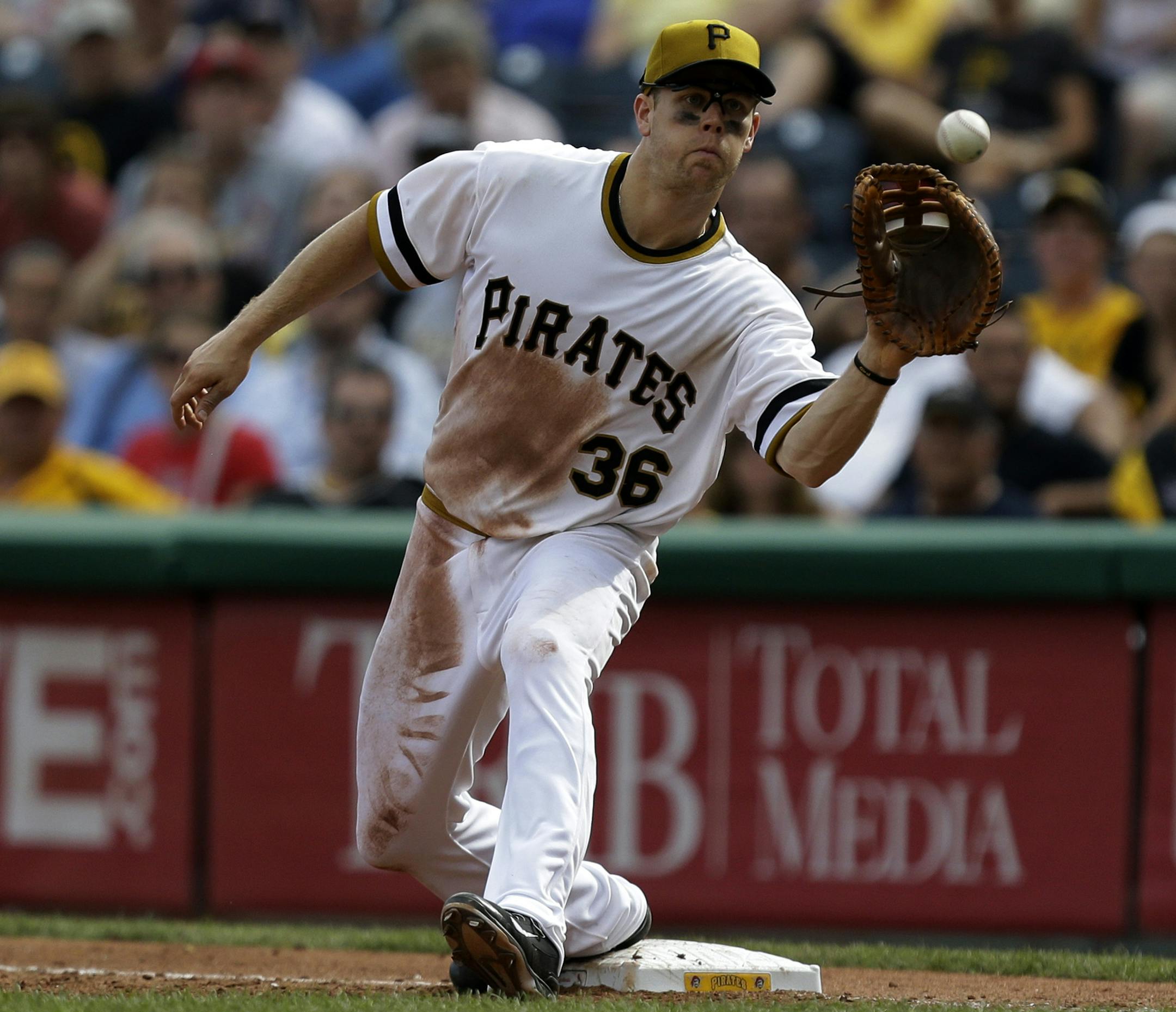 Pittsburgh Pirates first baseman Justin Morneau (36) takes a throw from Pittsburgh Pirates third baseman Pedro Alvarez to get the out at first base on St. Louis Cardinals catcher Yadier Molina (4) in the eighth inning of a baseball game in Pittsburgh Sunday, Sept. 1, 2013. The Cardinals won 7-2. (AP Photo/Gene J. Puskar) ORG XMIT: PAGP111 ORG XMIT: MIN1309012128420859